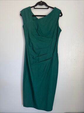 NWT MUXXN Emerald Green Asymmetric Neckline Ruched Sheath Pencil Midi Dress L